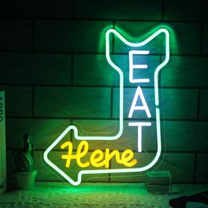 Mangiare qui dimmerable LED segno al <span class=keywords><strong>Neon</strong></span> verde arancione freccia bianca decorazione della parete della cucina Bar ristorante uomo grotta-cucina segni al <span class=keywords><strong>Neon</strong></span> camera da letto - Product Image 1