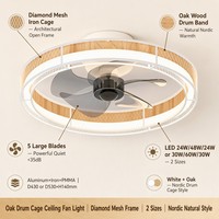 Ventilateur de plafond en chêne avec éclairage, cadre en maille diamantée, moteur DC, 5 pales, 2 tailles, intensité variable pour salon, chambre à coucher, salle à manger