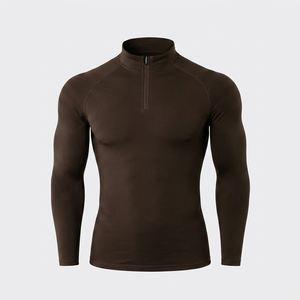 Men's Long Sleeve <b>Compression</b> Shirt Full Zip Dark Brown Quick Dry Spandex Polyester All Seasons Workout Top - Product Image 1