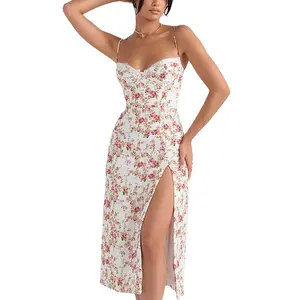 Zomer Vintage Bloemen Printbeach Robe Jurken Vrouwen Vakantie Vakantie Custom Split Sexy Rugloze Wrap Heup Slanke Halter Mini Jurk