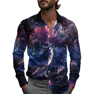 <span class=keywords><strong>Camicia</strong></span> Casual da <span class=keywords><strong>uomo</strong></span> Starlit Sky Casual primavera monopetto con risvolto ampio stile <span class=keywords><strong>camicia</strong></span> da lavoro comoda pittura a olio di lupo - Product Image 2