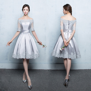 Scollo a barca corto a linea abito riflettente per banchetto abito da <span class=keywords><strong>damigella</strong></span> d'onore in pizzo elegante formale Champagne abito in raso da ballo - Product Image 2