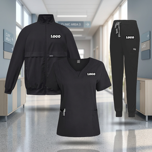Women Black Scrub Set With Logo Polyester Woven Hospital Uniforms Pants V-Neck <b>Top</b> Jacket - Product Image 2