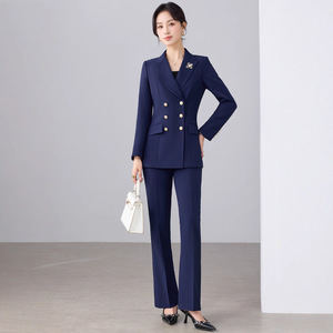 Women's Navy Blue Suit <b>Set</b> Double Breasted <b>Blazer</b> Pants Office Lady Formal Work Attire Autumn Anti-Wrinkle Polyester Full Sleeve - Product Image 1