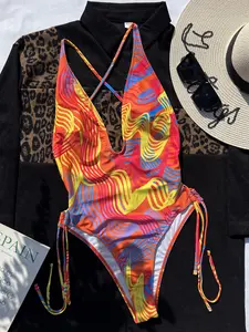 Fashion baju renang cetak String Tie Bikini baju renang pakaian renang seksi potongan tinggi satu bagian pakaian renang untuk wanita