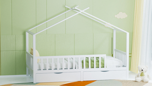 Giường ngủ gỗ toàn thân có 2 ngăn kéo, khung giường trẻ em có lan can và mái che dạng lều, giường ngủ ban ngày cho phòng ngủ hoặc phòng khách - Product Image 4