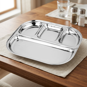 Plateau à compartiments ovale classique en acier inoxydable écologique avec 4 sections pour les hôtels, plateau à lunch, plateau alimentaire, Mayur Exports - Product Image 4