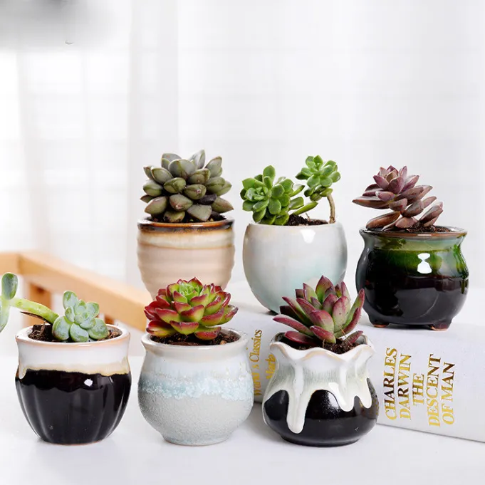 Kustom pot kaktus sukulen tanaman pot keramik mengalir mengkilap perubahan Kiln Vintage untuk dekorasi kamar anak