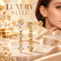 Kite CZ Boucles d'oreilles pendantes en acier inoxydable 316L à dos plat pour femmes, pour piercing au cartilage et à l'oreille (lobes)
