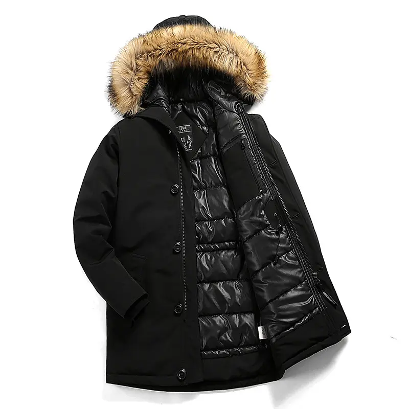 OEM high quality black long casual loose windproof comfortable breathable winter men's down jacket with hat