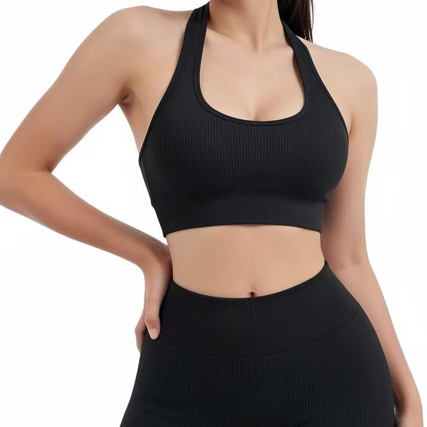 Women Seamless Ribbed Medium Support One-Shoulder Workout Set Backless Sports Bra Booty Biker Short OEM Brand Made China