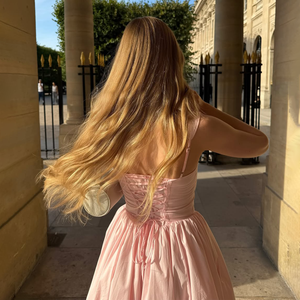 Elegant Pink Square Neck <strong>Spaghetti</strong> <strong>Strap</strong> Lace Trim Back Lace up Corset Waist Flowy Cotton Blend Party Casual <strong>Midi</strong> <strong>Dress</strong> - Product Image 3