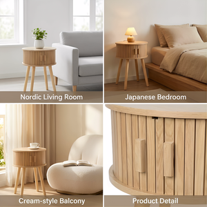 Comodino rotondo naturale Home Source Coalville con anta scorrevole, mobile in MDF e gambe in pino, tavolino moderno per camera da letto - Product Image 2