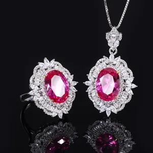 Brazil Women 925 Sterling Silver Cubic Zirconia Pendant Necklace and Ring Rose Red Diamond Ruby Gemstone Wedding Jewelry Sets