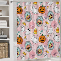 Ensemble de 4 pièces pour salle de bain : Rideau de douche imperméable, tapis antidérapants, couvercle de toilette et tapis de bain, motif citrouilles d'automne, nœuds et fantômes mignons