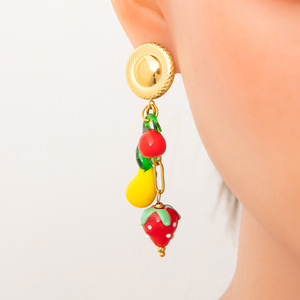 Boucles d'oreilles pendantes en acier inoxydable plaqué or 18 carats, motifs fruits (fraise, cerise, citron), pour usage quotidien EH11660 - Product Image 4