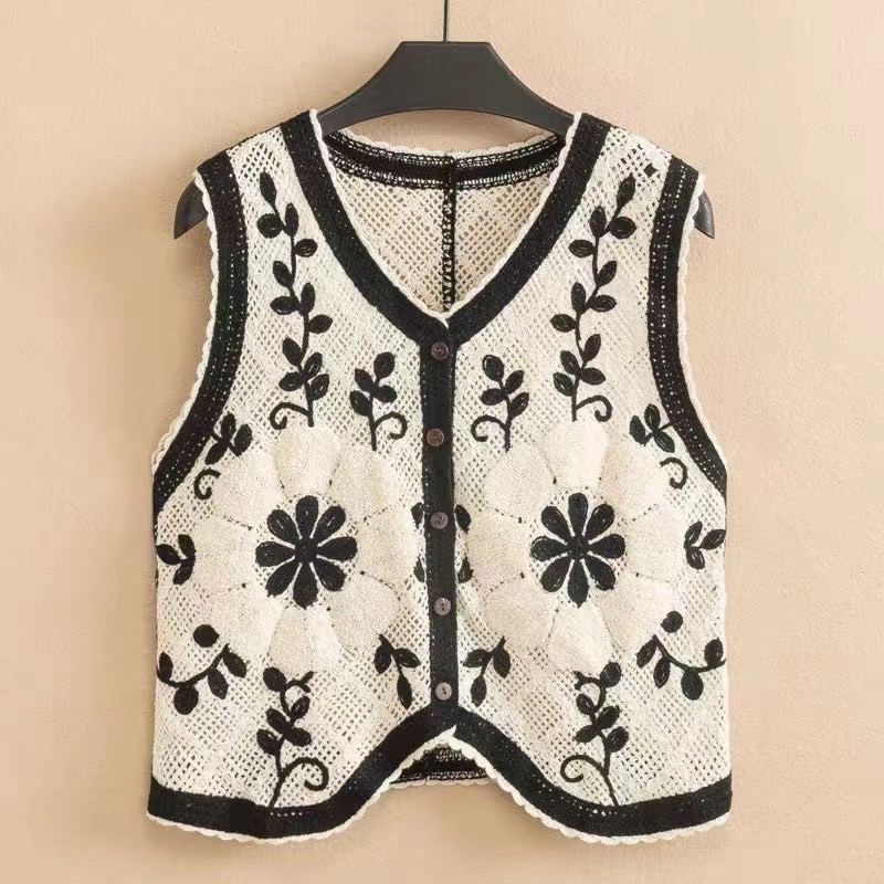 Spring Fall Autumn Women's V Neck Sweater Vest with Embroidery Flowers