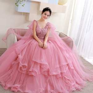Pink Ball Gown Wedding Dress Sweetheart Neckline Empire Waist Long Tulle Dress For Bridal Party Evening Wear - Product Image 3