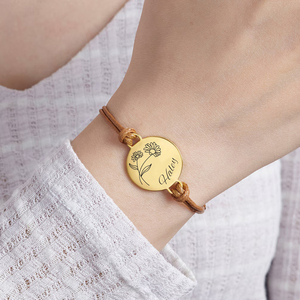 Bracelet en acier inoxydable personnalisé gravé en <span class=keywords><strong>or</strong></span> rose 18 carats avec date de naissance, nom, disque rond personnalisé, cordon en macramé réglable - Product Image 4