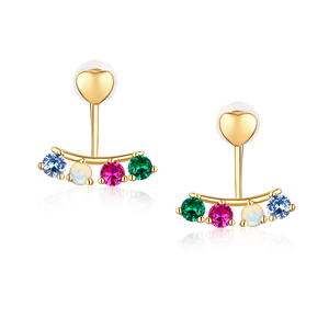 925 Sterling Silver Gold Vermeil Opal rainbow CZ Heart <strong>Front</strong> <strong>Back</strong> Ear Jackets <strong>Earrings</strong> - Product Image 1