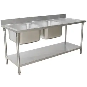Équipement de cuisine de Restaurant Table de travail à Double évier en acier inoxydable en australie banc d'évier de cuisine commerciale avec étagère