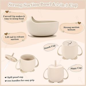 Set de Alimentación de Silicona para Bebés de 10 Piezas, Productos para el Destete, Plato con Ventosa, Babero, Alimentador de Frutas, Cuchara para Bebé, Tenedor, Vaso con Boquilla de Pato - Product Image 4