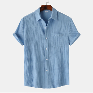 Chemise Hawaïenne Homme Personnalisée en Popeline de Coton Bleu Anti-Plis Imprimée à Col Ouvert Manches Courtes Respirante pour l'Été - Product Image 1