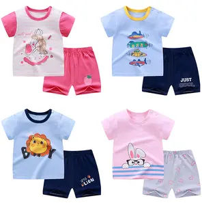 Детский костюм с коротким рукавом, хлопковая летняя одежда для девочек, футболка для мальчиков, детская одежда, корейская детская одежда