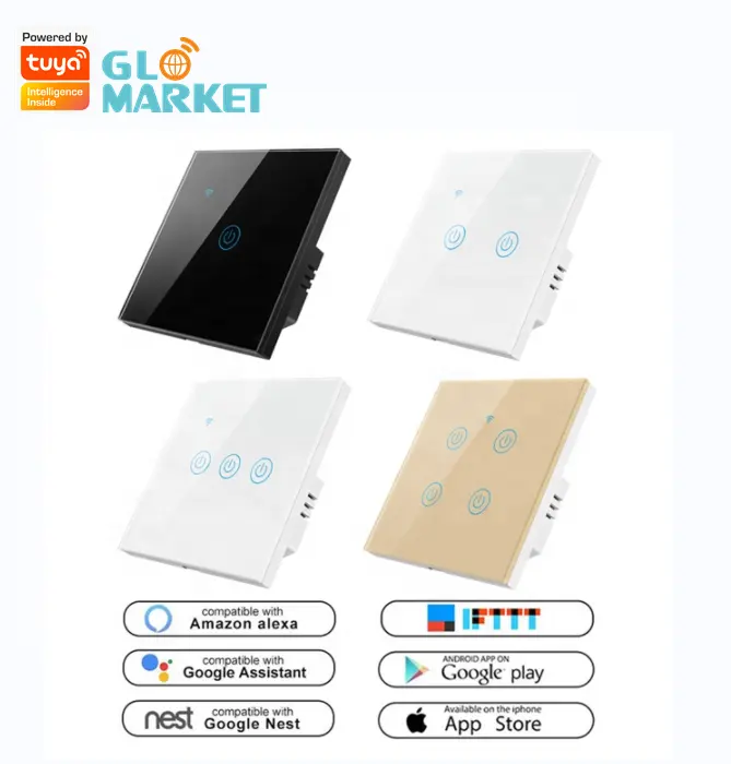 Glomket Tuya saklar lampu pintar EU 1/2, kontrol suara Alexa kaca sentuh dinding saklar listrik