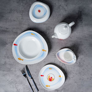 Vaisselle en porcelaine fine blanche de luxe, ensemble de vaisselle en céramique pour hôtel et restaurant, motif de récif corallien, vente en gros - Product Image 6