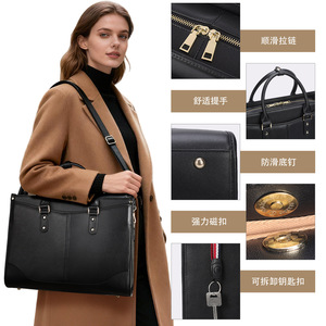 Tiding Women's Tote Bag 15.6 Inch Black Leather <b>Briefcase</b> Elegant Style With Zipper Closure And Shoulder Strap - Product Image 2