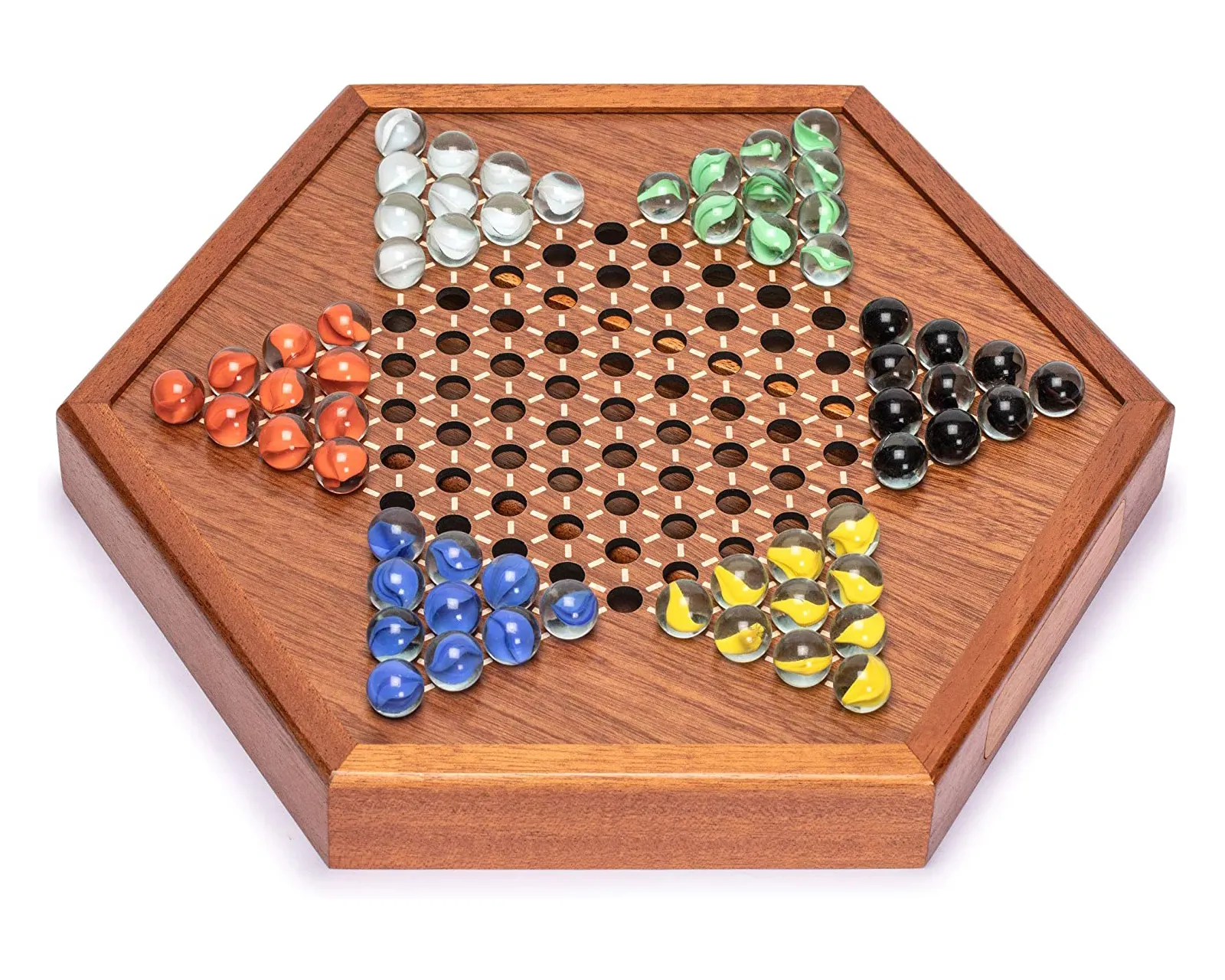 Set permainan papan Halma catur Cina kayu impor gunung kuning-12.7 inci-dengan laci dan marmer kaca warna-warni