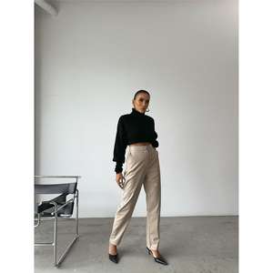 Pantalones de Pierna Ancha de Cuero, Cintura Alta, Color Piedra, Antiarrugas, Tela de PU, Pantalones para Mujer - Product Image 2