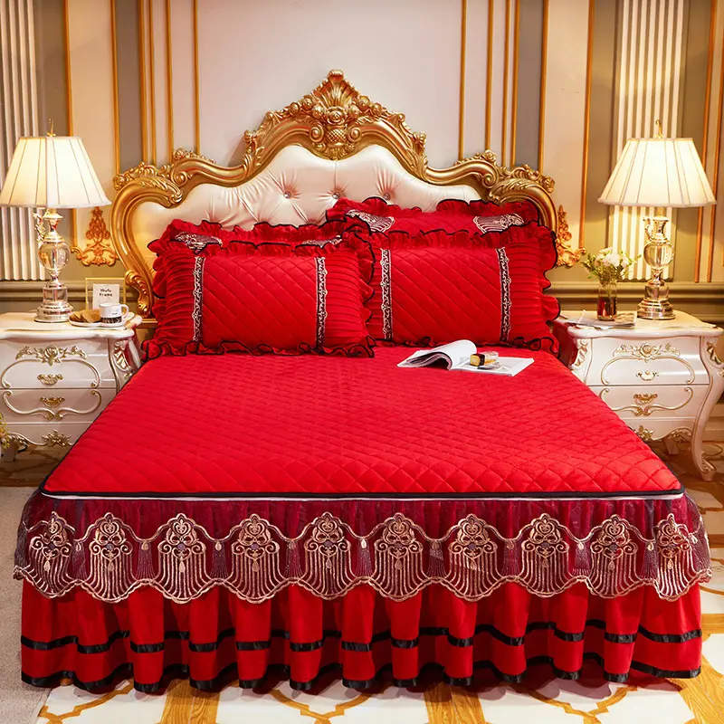 Literie de luxe Style européen couvre-lits sur le lit dentelle jupe de lit taies d'oreiller velours cristal King Queen Size Textiles de maison