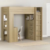 Cama alta infantil con escritorio y armario, litera de madera maciza blanca con escalera y cajonera, para niños, niñas, adolescentes y estudiantes