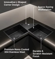 Évier de cuisine d'angle noir nano en acier inoxydable 304, double, encastré, fait main, moderne, pour maison, hôtel, vente en gros, OEM, ODM