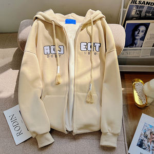 Cárdigan bordado con parche de letras personalizado, suéter con capucha de felpa para hombres y mujeres, sudadera informal holgada con cremallera - Product Image 2