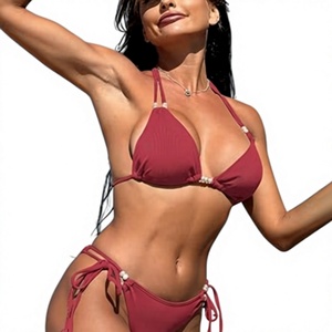Sexy Women's Red Bikini Set Custom Beachwear With Pearl Decoration - Product Image 1