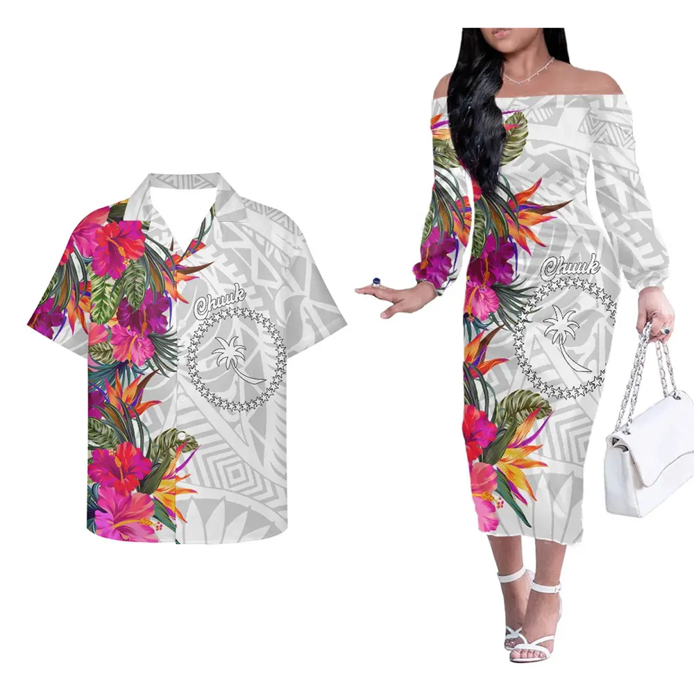 Branco chuuk islands design casal roupas 2 pcs, hibiscus flores padrão mulheres um ombro vestido e masculino manga curta pod camisa