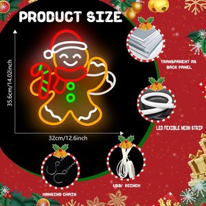 Décoration murale LED en forme d'homme en pain d'épices de Noël, néon coloré, à suspendre en intérieur, pour vitrine de magasin, lumière d'ambiance, indicateur lumineux 5V 12V - Product Image 2