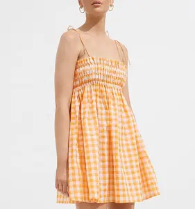 High Quality Summer Holiday Dress Sleeveless Light Yellow Gingham Tiered Skater Dress