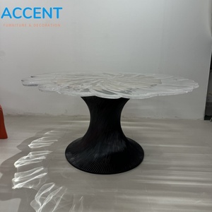 Table à manger ronde en fibre de verre, style feuille de lotus, avec piétement en forme de sablier côtelé et plateau en verre trempé, pour une décoration moderne et luxueuse de la maison - Product Image 2