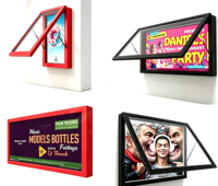 Boîtes lumineuses publicitaires murales en acier inoxydable à ouverture frontale avec cadre LED