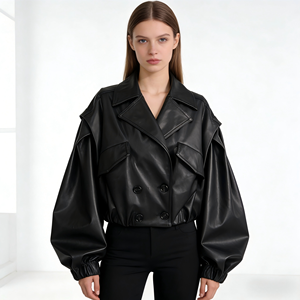 Veste en cuir tendance style streetwear pour <span class=keywords><strong>femme</strong></span>, <span class=keywords><strong>manteau</strong></span> en cuir noir oversize, veste en cuir courte à revers - Product Image 1