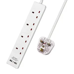 VCAN 4 Way Extension Lead with 2 USB Slots 13A UK Plug Extension Wall Mounted Power Strips with 2M Extension Cable Usb Socket