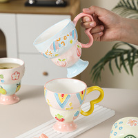 Mug de voyage créatif en céramique grande capacité, tasse à petit-déjeuner, motif relief peint à la main, style américain, simple, mignon, motif dessin animé, tasse à eau