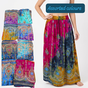 Vente en gros de jolies jupes indiennes vintage en rayonne tie-dye avec perles sitara, couleurs assorties, style bohème hippie pour femmes. - Product Image 1