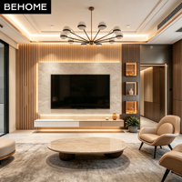 Meuble TV moderne avec éclairage LED, console flottante, mur d'accentuation en pierre pour villa, hôtel, appartement, salon