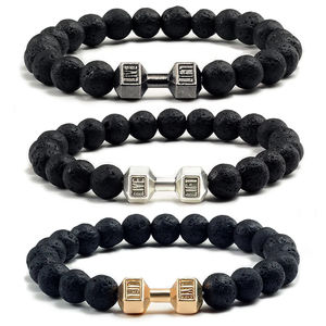 Pulsera con mancuernas de piedra de lava volcánica negra Natural, Pulseras de cuentas mate negras para mujeres y hombres, Pulseras de joyería con barra de Fitness - Product Image 1