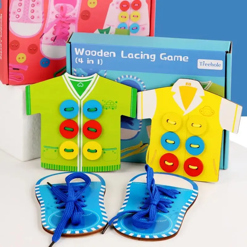 Juegos de madera para niños, botones interactivos de educación temprana para padres, botones de costura con cordones para jardín de infantes, Kit hecho a mano